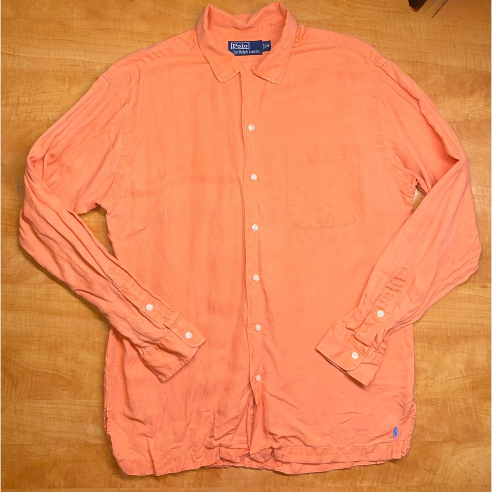 Polo Ralph Lauren Mens Orange Linen Cotton Button Up Shirt Medium Long Sleeve
